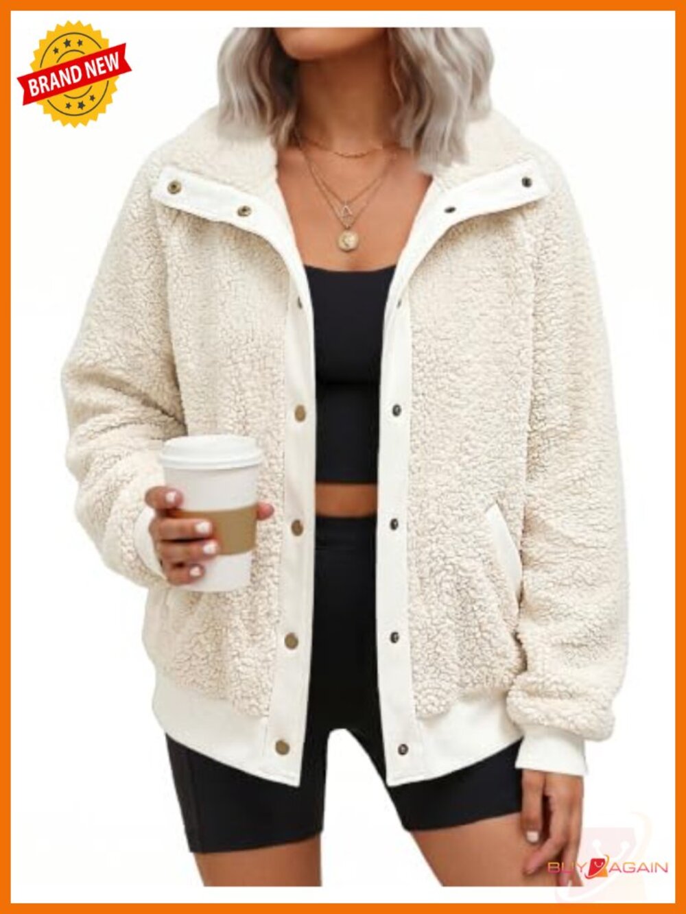 Womens Sherpa Fleece Snap Button Jacket Stand Collar Fuzzy Winter Coat